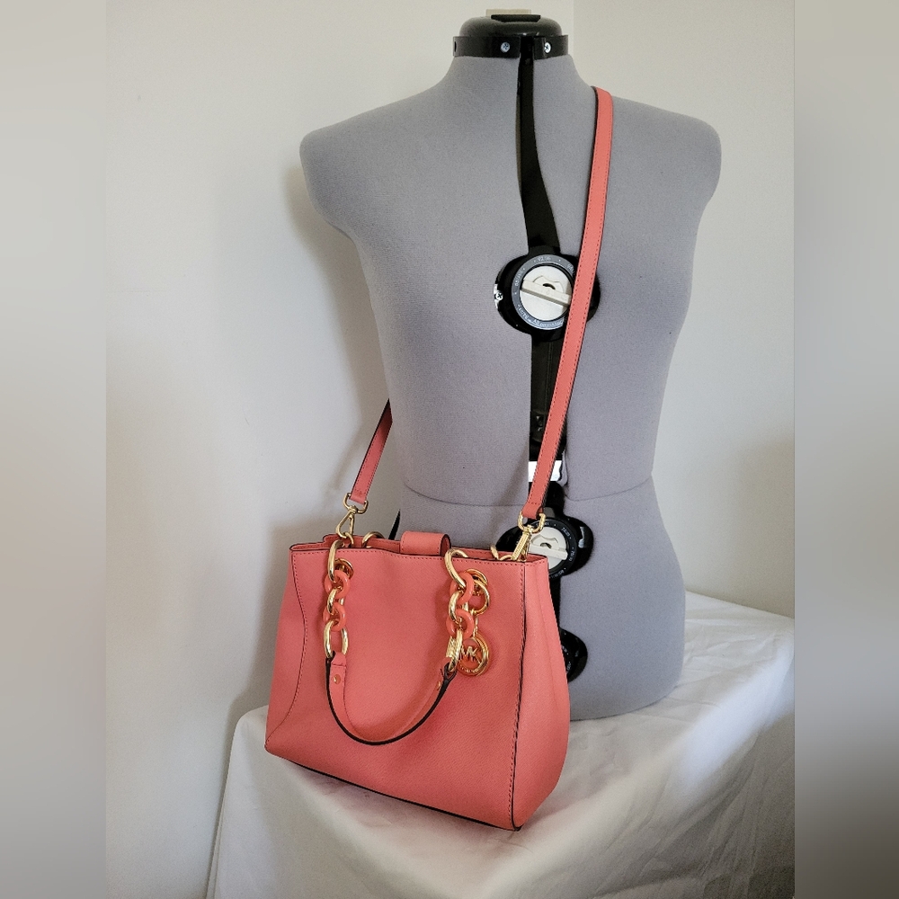 Michael Kors Cynthia Pink Grapefruit Saffiano Leather Satchel Crossbody